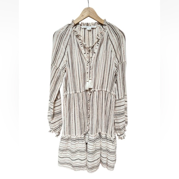Veronica Beard Daniva Mini Dress Striped Printed V-neck Tassel Boho Sz Medium - Picture 4 of 8